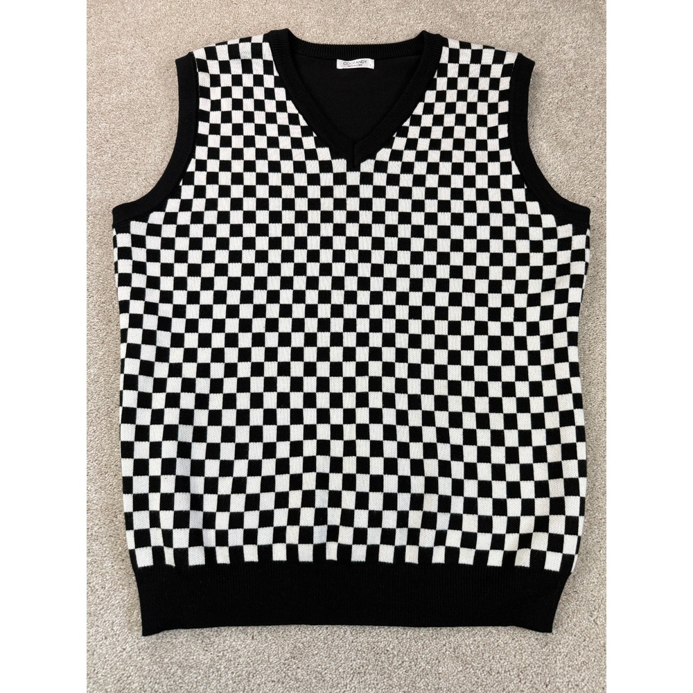 COOFANDY Men's LARGE Knit Checkered Sweater Vest V-Neck Sleeveless Black White